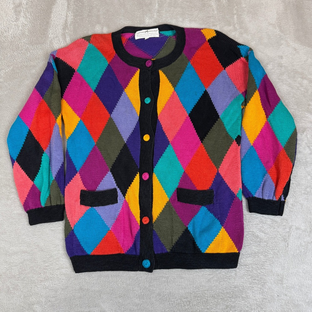 VTG Peruvian Connection Sweater Cardigan Womens M Multicolor‎ Argyle Grandmacore